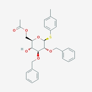 Chemical structure of ((2R,3R,4S,5R,6S)-4,5-bis(benzyloxy)-3-hydroxy-6-(p-tolylthio)tetrahydro-2H-pyran-2-yl)methyl acetate