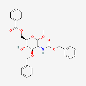 Chemical structure of ((2R,3S,4R,5R,6S)-4-(benzyloxy)-5-(((benzyloxy)carbonyl)amino)-3-hydroxy-6-methoxytetrahydro-2H-pyran-2-yl)methyl benzoate