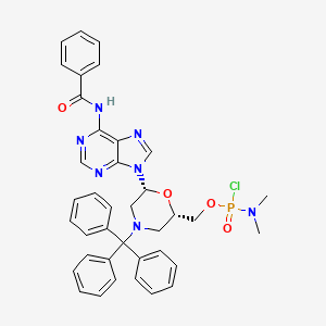 Chemical structure of ((2S,6R)-6-(6-benzamido-9H-purin-9-yl)-4-tritylmorpholin-2-yl)methyl dimethylphosphoramidochloridate