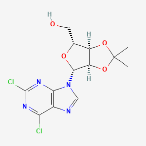 Chemical structure of ((3aR,4R,6R,6aR)-6-(2,6-Dichloro-9H-purin-9-yl)-2,2-dimethyltetrahydrofuro[3,4-d][1,3]dioxol-4-yl)methanol
