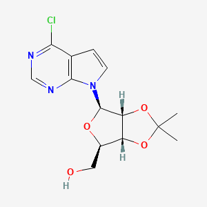 Chemical structure of ((3aR,4R,6R,6aR)-6-(4-Chloro-7H-pyrrolo[2,3-d]pyrimidin-7-yl)-2,2-dimethyltetrahydrofuro[3,4-d][1,3]dioxol-4-yl)methanol