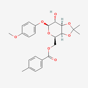 Chemical structure of ((3AS,4R,6S,7R,7aR)-7-hydroxy-6-(4-methoxyphenoxy)-2,2-dimethyltetrahydro-4H-[1,3]dioxolo[4,5-c]pyran-4-yl)methyl 4-methylbenzoate