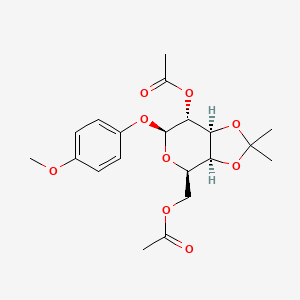 Chemical structure of ((3AS,4R,6S,7R,7aS)-7-acetoxy-6-(4-methoxyphenoxy)-2,2-dimethyltetrahydro-4H-[1,3]dioxolo[4,5-c]pyran-4-yl)methyl acetate