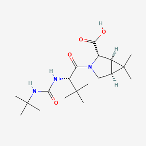 Chemical structure of (1R,2S,5S)-3-((S)-2-(3-tert-butylureido)-3,3-dimethylbutanoyl)-6,6-dimethyl-3-aza-bicyclo[3.1.0]hexane-2-carboxylic acid