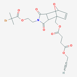 Chemical structure of (2-(2-((2-bromo-2-methylpropanoyl)oxy)ethyl)-1,3-dioxo-1,2,3,3a,7,7a-hexahydro-4H-4,7-epoxyisoindol-4-yl)methyl prop-2-yn-1-yl succinate