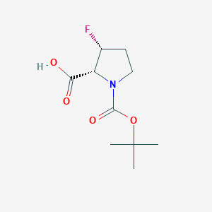 Chemical structure of (2R,3R)-1-[(tert-butoxy)carbonyl]-3-fluoropyrrolidine-2-carboxylic acid