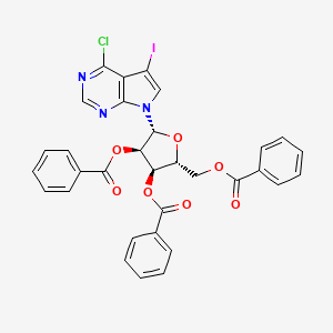 Chemical structure of (2R,3R,4R,5R)-2-((benzoyloxy)methyl)-5-(4-chloro-5-iodo-7H-pyrrolo[2,3-d]pyrimidin-7-yl)tetrahydrofuran-3,4-diyl dibenzoate