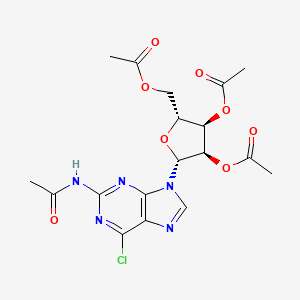Chemical structure of (2R,3R,4R,5R)-2-(2-acetamido-6-chloro-9H-purin-9-yl)-5-(acetoxymethyl)tetrahydrofuran-3,4-diyl diacetate