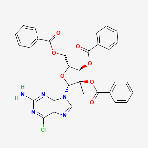 Chemical structure of (2R,3R,4R,5R)-2-(2-Amino-6-chloro-9H-purin-9-yl)-5-((benzoyloxy)methyl)-3-methyltetrahydrofuran-3,4-diyl dibenzoate