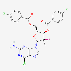 Chemical structure of (2R,3R,4R,5R)-5-(2-Amino-6-chloro-9H-purin-9-yl)-2-[(4-chlorobenzoyloxy)methyl]-4-fluoro-4-methyloxolan-3-yl 4-chlorobenzoate