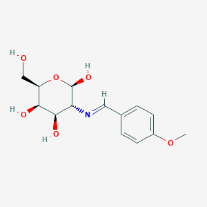 Chemical structure of (2R,3R,4R,5R,6R)-6-(hydroxymethyl)-3-((4-methoxybenzylidene)amino)tetrahydro-2H-pyran-2,4,5-triol