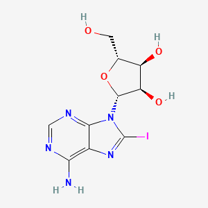 Chemical structure of (2R,3R,4S,5R)-2-(6-Amino-8-iodo-9H-purin-9-yl)-5-(hydroxymethyl)tetrahydrofuran-3,4-diol