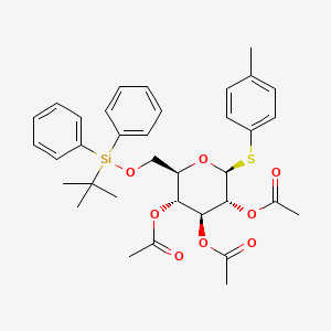 Chemical structure of (2R,3R,4S,5R,6S)-2-(((tert-butyldiphenylsilyl)oxy)methyl)-6-(p-tolylthio)tetrahydro-2H-pyran-3,4,5-triyl triacetate