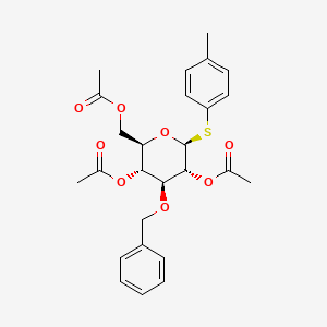 Chemical structure of (2R,3R,4S,5R,6S)-2-(acetoxymethyl)-4-(benzyloxy)-6-(p-tolylthio)tetrahydro-2H-pyran-3,5-diyl diacetate