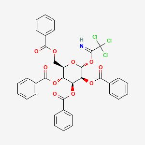 Chemical structure of (2R,3R,4S,5S,6R)-2-((benzoyloxy)methyl)-6-(2,2,2-trichloro-1-iminoethoxy)tetrahydro-2H-pyran-3,4,5-triyl tribenzoate