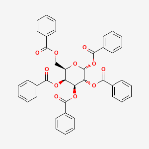 Chemical structure of (2R,3R,4S,5S,6R)-6-((benzoyloxy)methyl)tetrahydro-2H-pyran-2,3,4,5-tetrayl tetrabenzoate