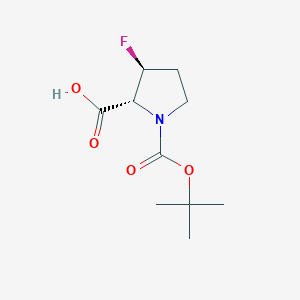 Chemical structure of (2R,3S)-1-(tert-Butoxycarbonyl)-3-fluoropyrrolidine-2-carboxylic acid