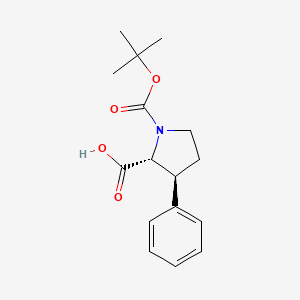 Chemical structure of (2R,3S)-1-(tert-Butoxycarbonyl)-3-phenylpyrrolidine-2-carboxylic acid