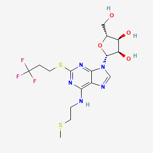 Chemical structure of (2R,3S,4R,5R)-2-(Hydroxymethyl)-5-(6-((2-(methylthio)ethyl)amino)-2-((3,3,3-trifluoropropyl)thio)-9H-purin-9-yl)tetrahydrofuran-3,4-diol