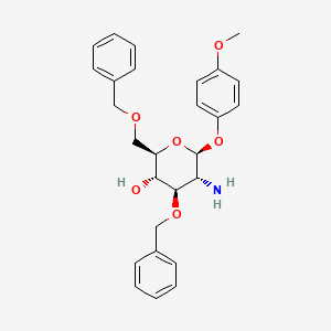 Chemical structure of (2R,3S,4R,5R,6S)-5-amino-4-(benzyloxy)-2-((benzyloxy)methyl)-6-(4-methoxyphenoxy)tetrahydro-2H-pyran-3-ol