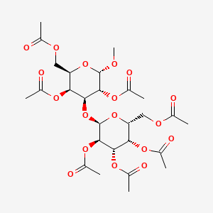 Chemical structure of (2R,3S,4S,5R,6R)-2-(acetoxymethyl)-6-(((2R,3S,4S,5R,6S)-3,5-diacetoxy-2-(acetoxymethyl)-6-methoxytetrahydro-2H-pyran-4-yl)oxy)tetrahydro-2H-pyran-3,4,5-triyl triacetate