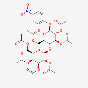 Chemical structure of (2R,3S,4S,5R,6S)-2-(acetoxymethyl)-6-(((2R,3R,4S,5R,6S)-4,5-diacetoxy-2-(acetoxymethyl)-6-(4-nitrophenoxy)tetrahydro-2H-pyran-3-yl)oxy)tetrahydro-2H-pyran-3,4,5-triyl triacetate