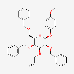Chemical structure of (2R,3S,4S,5R,6S)-4-(allyloxy)-3,5-bis(benzyloxy)-2-((benzyloxy)methyl)-6-(4-methoxyphenoxy)tetrahydro-2H-pyran