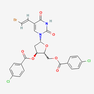 Chemical structure of (2R,3S,5R)-5-(5-((E)-2-bromovinyl)-2,4-dioxo-3,4-dihydropyrimidin-1(2H)-yl)-2-(((4-chlorobenzoyl)oxy)methyl)tetrahydrofuran-3-yl 4-chlorobenzoate