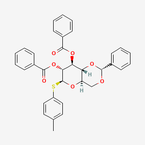 Chemical structure of (2R,4aR,6S,7R,8S,8aR)-2-phenyl-6-(p-tolylthio)hexahydropyrano[3,2-d][1,3]dioxine-7,8-diyl dibenzoate