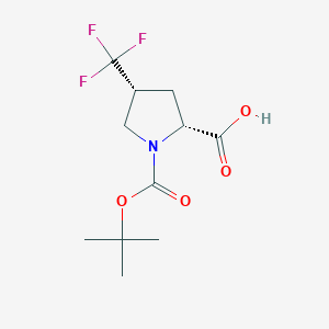 Chemical structure of (2R,4R)-1-(tert-Butoxycarbonyl)-4-(trifluoromethyl)pyrrolidine-2-carboxylic acid