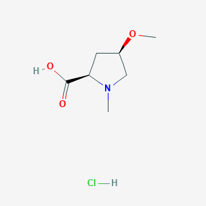 Chemical structure of (2R,4R)-4-methoxy-1-methylpyrrolidine-2-carboxylic acid hydrochloride
