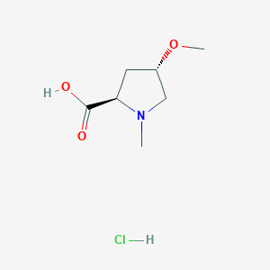 Chemical structure of (2R,4S)-4-methoxy-1-methylpyrrolidine-2-carboxylic acid hydrochloride