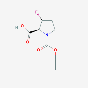 Chemical structure of (2S,3R)-1-[(tert-Butoxy)carbonyl]-3-fluoropyrrolidine-2-carboxylic acid