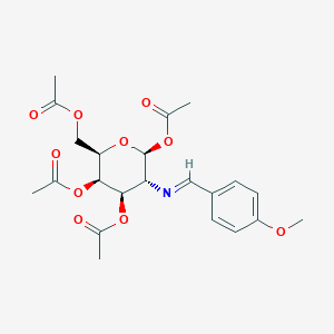 Chemical structure of (2S,3R,4R,5R,6R)-6-(acetoxymethyl)-3-((4-methoxybenzylidene)amino)tetrahydro-2H-pyran-2,4,5-triyl triacetate