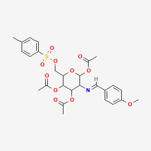 Chemical structure of (2S,3R,4R,5S,6R)-3-((4-methoxybenzylidene)amino)-6-((tosyloxy)methyl)tetrahydro-2H-pyran-2,4,5-triyl triacetate