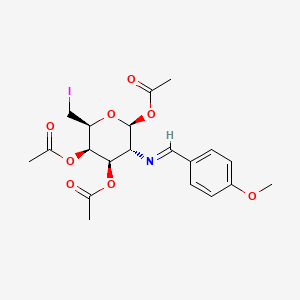 Chemical structure of (2S,3R,4R,5S,6S)-6-(iodomethyl)-3-((4-methoxybenzylidene)amino)tetrahydro-2H-pyran-2,4,5-triyl triacetate