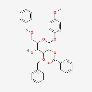 Chemical structure of (2S,3R,4S,5R,6R)-4-(benzyloxy)-6-((benzyloxy)methyl)-5-hydroxy-2-(4-methoxyphenoxy)tetrahydro-2H-pyran-3-yl benzoate