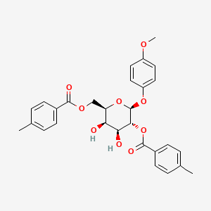 Chemical structure of (2S,3R,4S,5R,6R)-4,5-dihydroxy-2-(4-methoxyphenoxy)-6-(((4-methylbenzoyl)oxy)methyl)tetrahydro-2H-pyran-3-yl 4-methylbenzoate