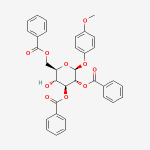 Chemical structure of (2S,3R,4S,5R,6R)-6-((benzoyloxy)methyl)-5-hydroxy-2-(4-methoxyphenoxy)tetrahydro-2H-pyran-3,4-diyl dibenzoate