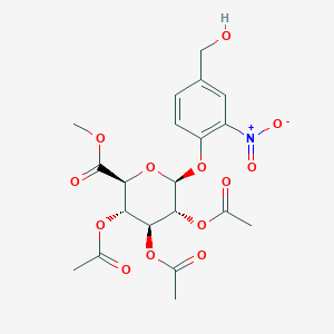 Chemical structure of (2S,3R,4S,5S,6S)-2-(4-(Hydroxymethyl)-2-nitrophenoxy)-6-(methoxycarbonyl)tetrahydro-2H-pyran-3,4,5-triyl triacetate