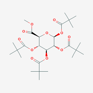 Chemical structure of (2S,3R,4S,5S,6S)-6-(methoxycarbonyl)tetrahydro-2H-pyran-2,3,4,5-tetrayl tetrakis(2,2-dimethylpropanoate)