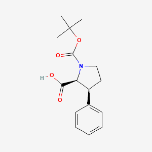 Chemical structure of (2S,3S)-1-(tert-Butoxycarbonyl)-3-phenylpyrrolidine-2-carboxylic acid