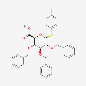 Chemical structure of (2S,3S,4S,5R,6S)-3,4,5-tris(benzyloxy)-6-(p-tolylthio)tetrahydro-2H-pyran-2-carboxylic acid
