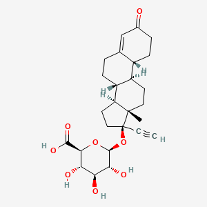 Chemical structure of (2S,3S,4S,5R,6S)-6-(((8R,9S,10R,13S,14S,17R)-17-ethynyl-13-methyl-3-(oxo-17O)-2,3,6,7,8,9,10,11,12,13,14,15,16,17-tetradecahydro-1H-cyclopenta[a]phenanthren-17-yl)oxy)-3,4,5-trihydroxytetrahydro-2H-pyran-2-carboxylic acid