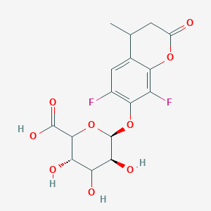 Chemical structure of (2S,3S,4S,5R,6S)-6-((6,8-difluoro-4-methyl-2-oxo-2H-chromen-7-yl)oxy)-3,4,5-trihydroxytetrahydro-2H-pyran-2-carboxylic acid