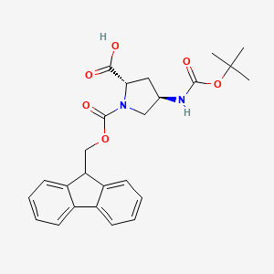 Chemical structure of (2S,4R)-1-(((9H-Fluoren-9-yl)methoxy)carbonyl)-4-((tert-butoxycarbonyl)amino)pyrrolidine-2-carboxylic acid