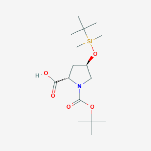 Chemical structure of (2S,4R)-1-(tert-Butoxycarbonyl)-4-((tert-butyldimethylsilyl)oxy)pyrrolidine-2-carboxylic acid
