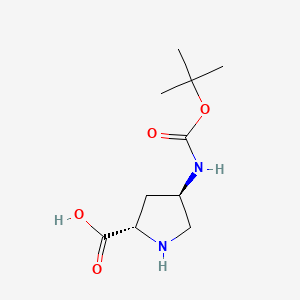 Chemical structure of (2S,4R)-4-((tert-Butoxycarbonyl)amino)pyrrolidine-2-carboxylic acid