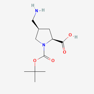Chemical structure of (2S,4R)-4-(Aminomethyl)-1-[(tert-butoxy)carbonyl]pyrrolidine-2-carboxylic acid