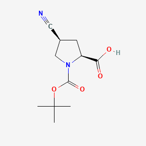 Chemical structure of (2S,4S)-1-(tert-Butoxycarbonyl)-4-cyanopyrrolidine-2-carboxylic acid